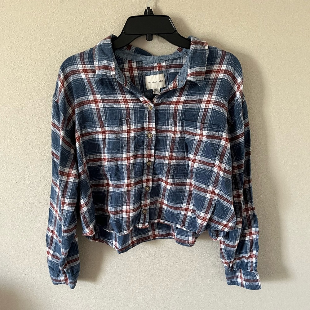 American Eagle Blue & Red Cropped Flannel